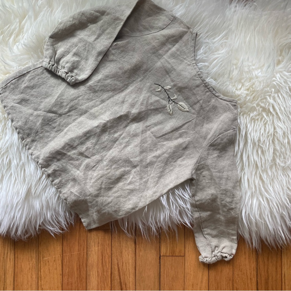 Neutral Linen Top with Delicate Leaf Embroidery